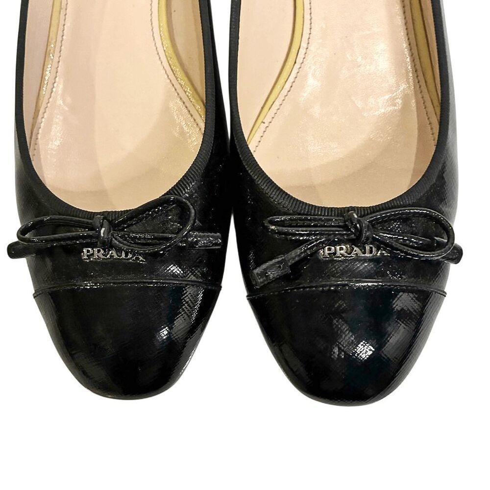 Prada Saffiano Leather Ballet Flats Cap Toe Black Logo Bow EU 41 Italy Slip Ons - Picture 5 of 14